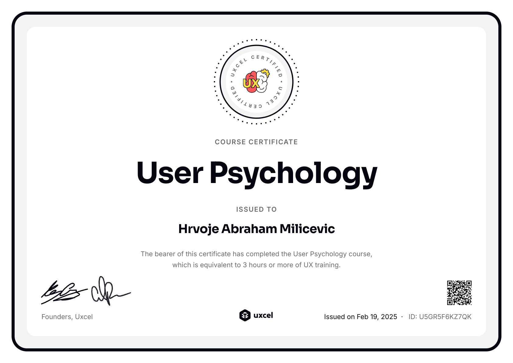 Hrvoje Abraham Milicevic's certificate